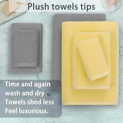 VOOVA & MOVAS 6PC Towel Set, 100% Cotton, Grey Yellow | 2 Large Bath 30x56 In, 2 Hand 18x28 In, 2 Washcloths 13x13 In, Soft, Quick Dry, Thick, Bath Towels With Hanging Loop - color: Gray + Yellow Mixed, size: 6 PC Bathroom Towel Set