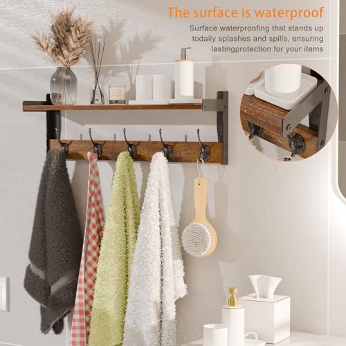 Coat Rack with Wall Mount, 23 Inch Long Entryway Wall Shelf with Hooks, Wood Hanger with Storage Shelf for Bathroom, Hallway, Rustic Brown - size: 23 inch Long