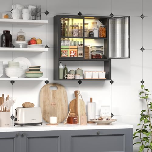 Bathroom Cabinet Wall Mount,Metal Medicine Cabinets with Glass Doors and LED Light,Wall Cabinet Over The Toilet,Black Hanging Cabinet for Bathroom Laundry Room Kitchen - color: Black