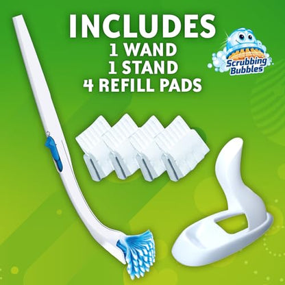 Scrubbing Bubbles Toilet Bowl Cleaning System with Flushable & Disposable Cleaner Refill Pads, Fights Odors and Helps Remove Limescale & Hard Water Stains, Citrus Scent, 1 Wand + 4 Refills + 1 Stand - size: 1 Count (Pack of 1), style: Starter Kit
