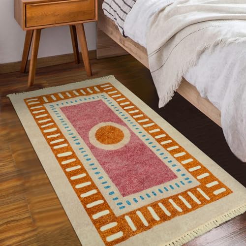 Lukinbox Boho Kids Area Rugs for Living Room, 3x5 Sun Machine Washable Bedroom Rug, Super Soft Non-Slip Orange Circular Rainbow Throw Rug for Entryway Playroom Nursery Room Dinning Room - size: 2'11" x 4'11" (Rectangular)
