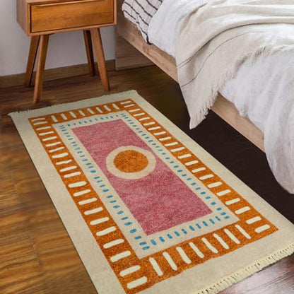 Lukinbox Boho Kids Area Rugs for Living Room, 3x5 Sun Machine Washable Bedroom Rug, Super Soft Non-Slip Orange Circular Rainbow Throw Rug for Entryway Playroom Nursery Room Dinning Room - size: 2'11" x 4'11" (Rectangular)