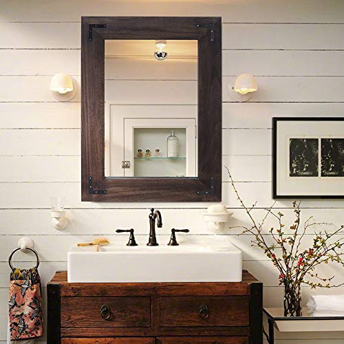 Rustic Wooden Framed Wall Mirror, Natural Wood Bathroom Vanity Mirror for Farmhouse Decor, Vertical or Horizontal Hanging (26" x 18", Black) - color: Black, size: 26"L x 18"W