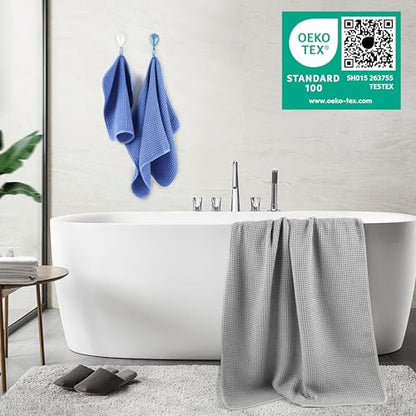 POLYTE 430 GSM Poly Blend Microfiber Quick Dry Waffle Bath Towel Set of 6 | 2-Body Towels, 2-Hand Towels, 2-Wash cloths, Oversize, Lint Free - color: Light Gray,royal Blue