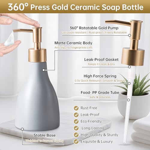 Refillable Gold Dispenser for Bathroom Countertop, Modern Dish Soap Dispenser Bottle for Kitchen, Ceramic Hand Soap Dispenser with Gold Pump for Liquid Laundry Shower 280ml (Gray) - color: Gray