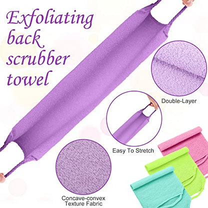 Moukeren Exfoliating Back Scrubber with Handles 4 Pack Nylon Back Exfoliator Extended Length Washers Scrubbers Stretchable Pull Strap Exfoliating Washcloth(Pink,Blue,Fluorescent Green,Purple) - color: Pink, Blue, Fluorescent Green, Purple