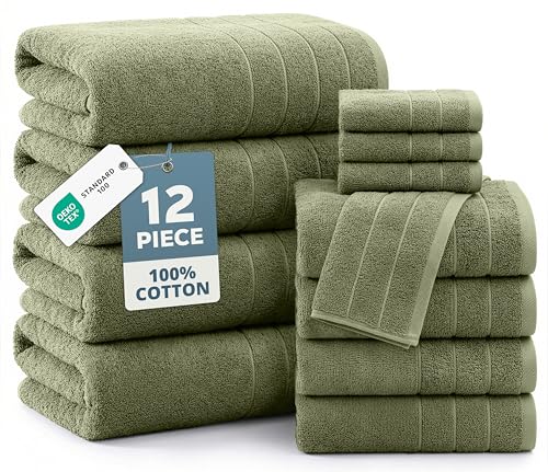 Casa Platino 100% Luxury Bath Towel Pack of 12 - Softer, High Absorbency & Durable - 4 Bath, 4 Wash Cloth, 4 Hand Towels for Bathroom - Premium Look, Spa Quality, Solid Dyed Towels - Oil Green - color: 07: Oil Green, size: 12 Piece Towel Set