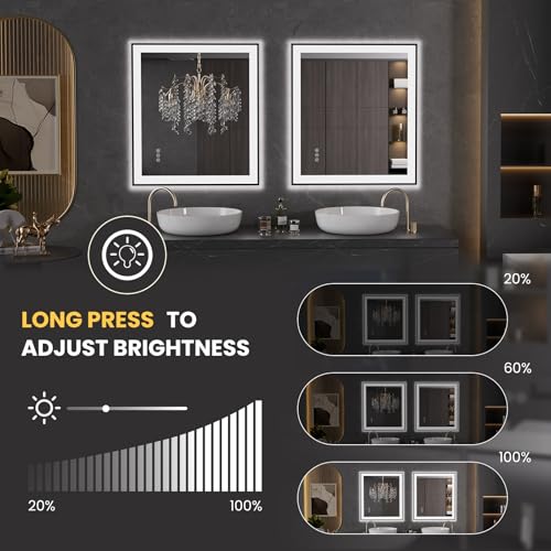 LOAAO 32"X36" LED Bathroom Mirror Black Framed | Anti-Fog, Dimmable, Memory Function, Tempered Glass, Lighted Vanity Mirror for Wall - size: 32"L x 36"W