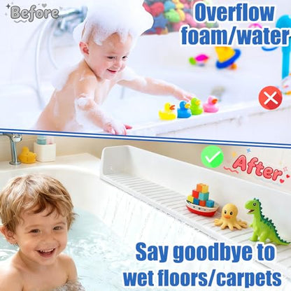 Longer Bathtub Splash Guard for Kids Adult - Bathtub Tray 31IN Silicone Bath Tub Tray Shelf with 11 Suction Cups, Bathtub Accessories Bath Toy Holder Play Shelf , Sink Side Splash Guard Tray, Gray
