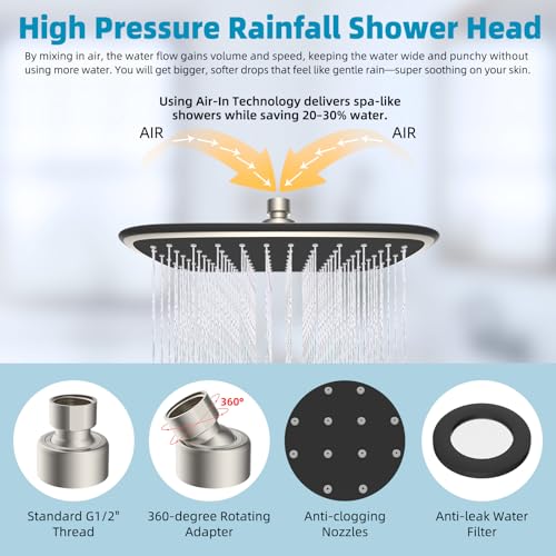 Rain Shower Head with 12" Metal Extension Arm, 10" High-Pressure Showerhead | Brushed Nickel, Boosting Rainfall/Fixed Showerhead, Shower Head Extender Adjustable Height/Angle, 1-Min Easy to Install - color: Brushed Nickel, size: 12 Inch