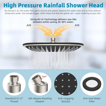 Rain Shower Head with 12" Metal Extension Arm, 10" High-Pressure Showerhead | Brushed Nickel, Boosting Rainfall/Fixed Showerhead, Shower Head Extender Adjustable Height/Angle, 1-Min Easy to Install - color: Brushed Nickel, size: 12 Inch