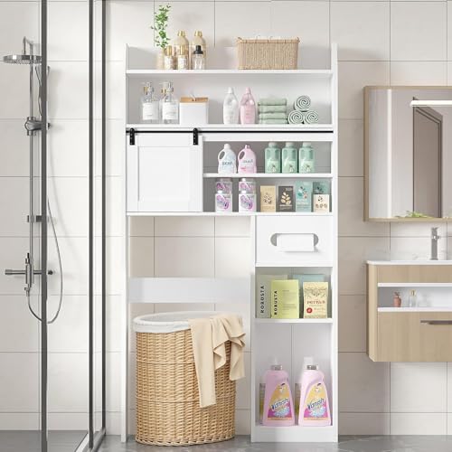 VECELO Over The Toilet Storage Cabinet with Sliding Doors, 63.8" Toilet Organizer with Adjustable Shelves, Paper Holder and Racks, for Bathroom Laundry, White - size: 34.3‘’*9‘’*63.8‘’（L*W*H）