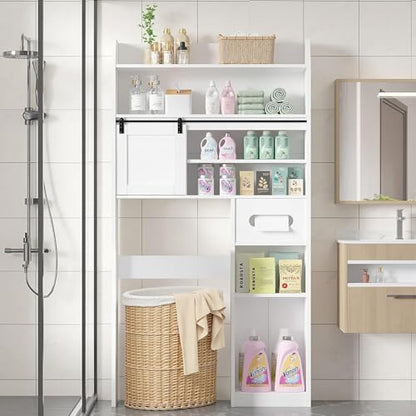 VECELO Over The Toilet Storage Cabinet with Sliding Doors, 63.8" Toilet Organizer with Adjustable Shelves, Paper Holder and Racks, for Bathroom Laundry, White - size: 34.3‘’*9‘’*63.8‘’（L*W*H）