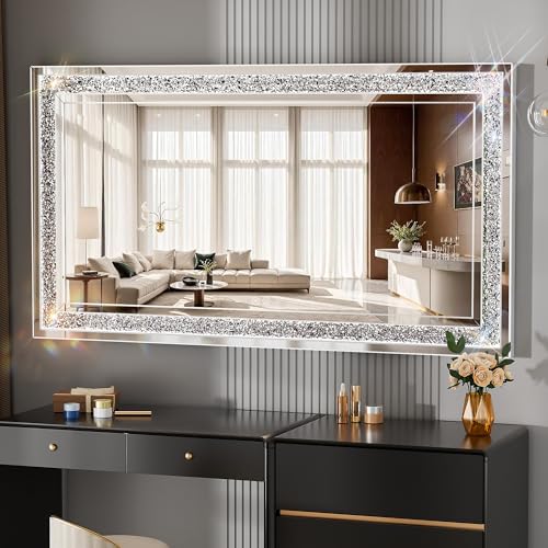 WINNICE 55" x 30" LED Diamond Wall Mirror, Dim & Anti-Fog | Crystal glass, dimmable & anti-fog, mounts vertical/horizontal, ideal for bathroom, bedroom, living room. - size: 30"L x 55"W