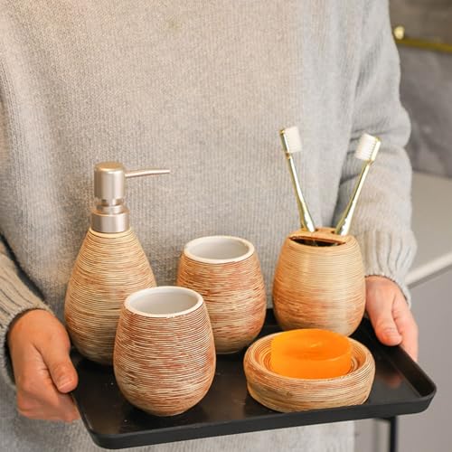 Bathroom Ceramic Accessories Set, 5 Piece Bathroom Set with Including Soap Dispenser, Mouthwash Cup, Soap Dish, Toothbrush Holder (Brown) - color: Brown