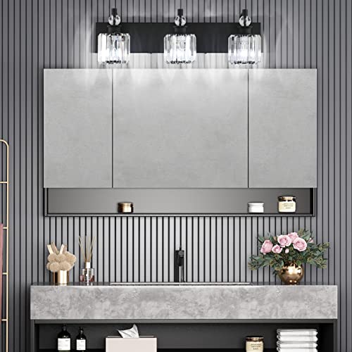 Ralbay Black Crystal Bathroom Lights Fixtures 3 Light Crystal Bathroom Vanity Lights Fixtures Over Mirror Modern Matte Black Bath Wall Lights - color: Black, size: 24 inch