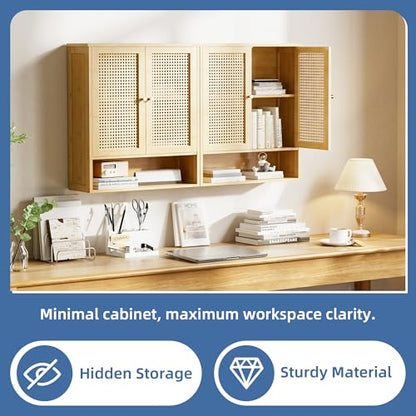HITNET Rattan Hanging Bathroom Cabinet, Wall Mounted Bamboo Bathroom Cabinet with Double Doors and Adjustable Shelves, Storage Over the Toilet for Kitchen, Living Room, Laundry Room, Natural - color: Natural