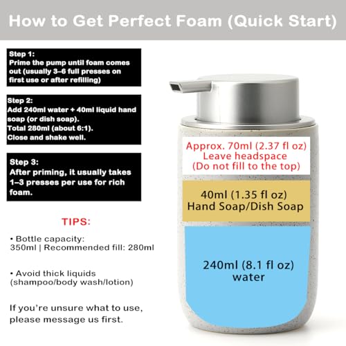 Gray Foaming Soap Dispenser,Ceramic Foam Dispenser with Silver Plastic Pump for Bathroom&Kitchen,12oz Refillable Foaming Dispenser - color: Light Gray