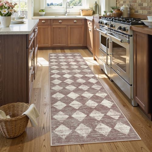 Checkered Runner Rug 2x8 Beige, Hallway Kitchen Bathroom Non Slip Washable - color: Beige, size: 2' x 8' (Runner)