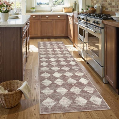 Checkered Runner Rug 2x8 Beige, Hallway Kitchen Bathroom Non Slip Washable - color: Beige, size: 2' x 8' (Runner)