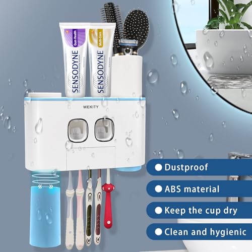 Toothbrush Holder Wall Mounted, WEKITY Multi-Functional Toothbrush and Toothpaste Dispenser for Bathroom, with 5 Toothbrush Slots, 2 Toothpaste Squeezers and 4 Cups(Blue) - color: Blue