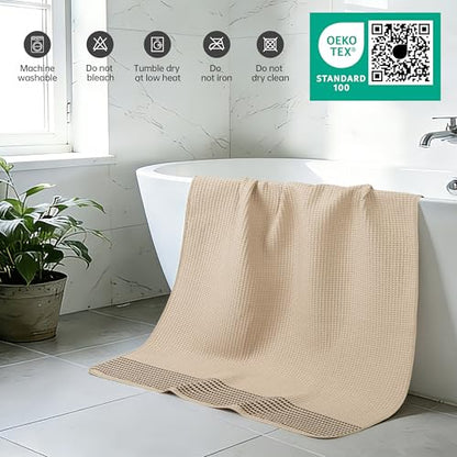 MICROFI New Microfiber Waffle Bath Towels, 2 Pieces, Soft, Absorbent, Fast Drying, Lint Free 430 GSM (30''x60''/76cm x 152cm) - color: Beige Striped