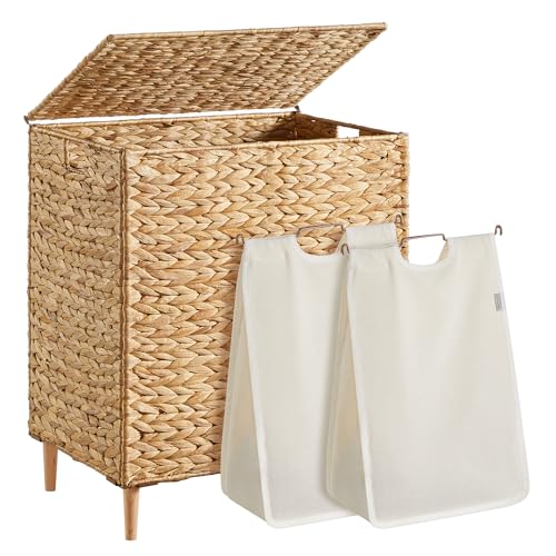 SONGMICS Laundry Hamper 2 Sections, 34.3 Gal. (130 L) Handwoven Water Hyacinth Wicker Laundry Basket with Lid, Natural Material, Removable Machine Washable Liners, Handles, Natural ULCB202Y01 - color: Natural, size: 130 L (Handwoven）