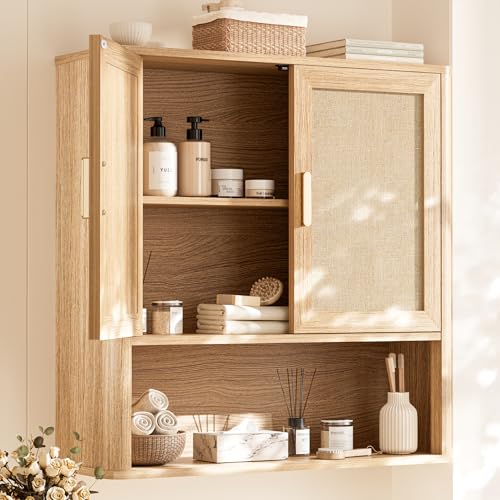 Rattan Bathroom Wall Cabinet with Open Compartments, Wall-Mounted Medicine Cabinet with Adjustable Wood Shelf & Doors, Over the Toilet Storage Cabinet for Laundry Room & Kitchen & Living Room - color: Oak Wood