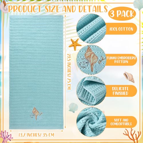 HunnmingRe 3 Pcs Coastal Waffle Hand Towels for Bathroom Farmhouse Embroidered Ocean Beach Nautical Finger Towels Sand Dollar Starfish 13.78 x 29.5 Inch Bath Decor for Summer Kitchen Spa Home - style: Coastal