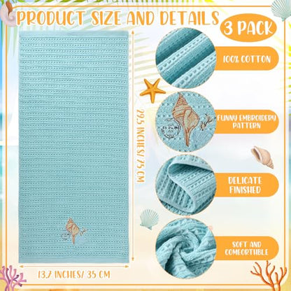 HunnmingRe 3 Pcs Coastal Waffle Hand Towels for Bathroom Farmhouse Embroidered Ocean Beach Nautical Finger Towels Sand Dollar Starfish 13.78 x 29.5 Inch Bath Decor for Summer Kitchen Spa Home - style: Coastal