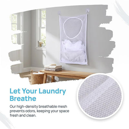 Hanging Laundry Hamper, Over the Door Laundry Hamper with Adhesive Hooks and Zipper for Bathroom and Bedroom, Whtie