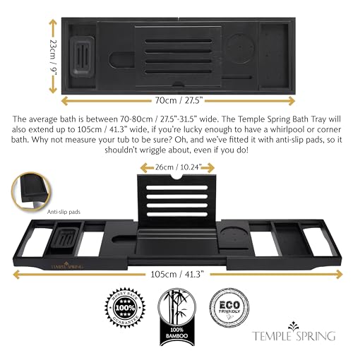Bamboo Bathtub Tray Caddy for Tub — Expandable Wood Bath Tray with Solid Book Stand Wine Holder and Non-Slip Pads — Includes Bamboo Soap Dish and Spa Accessories — Luxury Bath Gift Set - color: Black