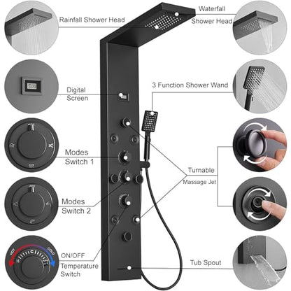 Stainless Steel Shower Panel Tower System 6 IN 1 Massage System | Rainfall Waterfall Shower Head,Two Mode Body Spray Jets,Waterfall Tub Spout,with Temperature Display,Wall Mounted,Matte Black - color: Black