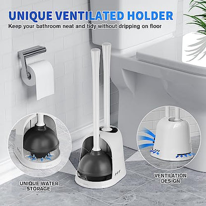 Toilet Plunger and Brush, 2 Pack Bowl Brush and Heavy Duty Toilet Plunger Set with Ventilated Holder, 2-in-1 Toilet Brush and Plunger Combo for 5.3-inch Toilet Drain Bathroom Cleaning - color: White
