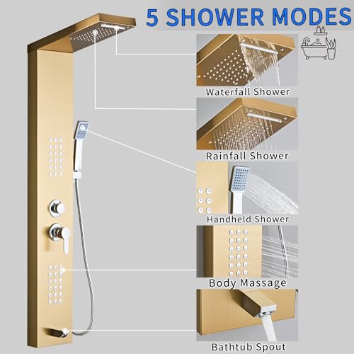 5-in-1 Shower Panel Tower System - Brushed Gold | 304 stainless steel Shower Panel Tower Column with Powerful Body Jets, Rainfall, Waterfall,Handheld and Tub Spout - color: Brushed Gold, style: LSH-8001