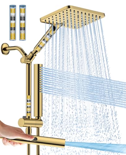 Filtered Shower Head with Handheld Spray Combo High Pressure Rain Shower Head Dual Shower Head with Filters - Removes Chlorine Height Adjustable & Built-in Power Wash (Gold) - color: Premium Gold, style: Filtered