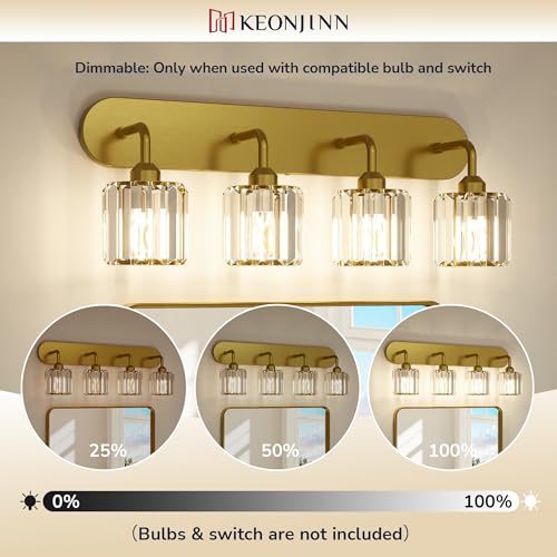 Keonjinn 6-Light Bathroom Light Fixtures, Crystal Gold Bathroom Vanity Lights Over Mirror, Vanity Lighting Fixtures with Crystal Square Shades (E26 Socket, Exclude Bulb) - color: Gold, size: 6-Light