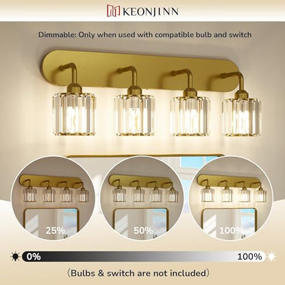 Keonjinn 4-Light Bathroom Light Fixtures, Crystal Gold Bathroom Vanity Lights Over Mirror, Vanity Lighting Fixtures with Crystal Square Shades (E26 Socket, Exclude Bulb) - color: Gold, size: 4-Light