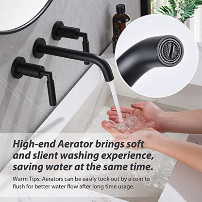 RBROHANT Black Wall Mount Faucet with Pop up Drain Set for Sink Without Overflow, Matte Black Dual Handle Wall Mounted Bathroom Sink Faucet, Brass Rough-in Valve Included, RB0735D - color: Matte Black, style: Lever Handle Faucet with Drain