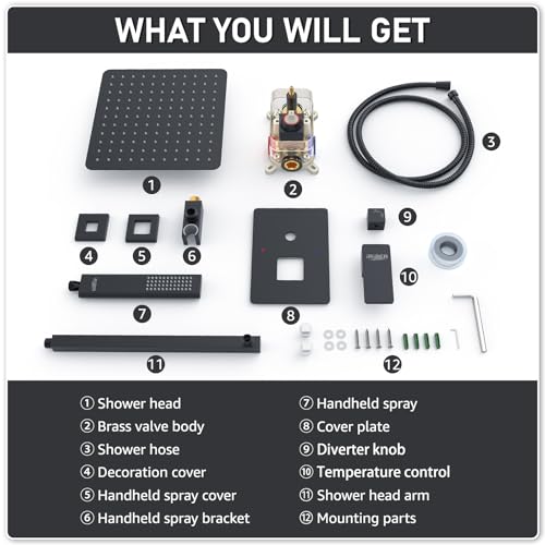 Iriber Shower Set with 12 Inch High Pressure Rain Shower Head and Handheld and Shower Faucet Mixer Valve Modern Shower System Including Pressure Balance Valve Shower Trim Kit for Bathroom,Matte Black - color: Matte Black 05