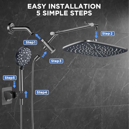 Veken Gunmetal Gray 11.8" High Pressure Shower Head with Handheld, Durable | Handheld Shower with Multi Spray Modes, Rainfall Combo with 15" Metal Extension Arm, Detachable Dual Shower, Bathroom Decor - color: Gunmetal Gray