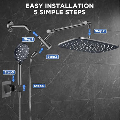 Veken Gunmetal Gray 11.8" High Pressure Shower Head with Handheld, Durable | Handheld Shower with Multi Spray Modes, Rainfall Combo with 15" Metal Extension Arm, Detachable Dual Shower, Bathroom Decor - color: Gunmetal Gray