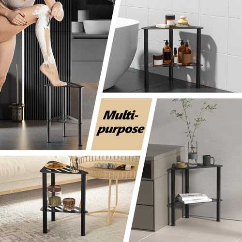 Corner Shower Foot Stool for Shaving Legs, Rust-Proof Non-Slip with Storage | Black Light Metal Shower Foot Rest Bench, Waterproof Double Layer Bathroom Small Step Stools, Spa Foot Step for Inside Shower