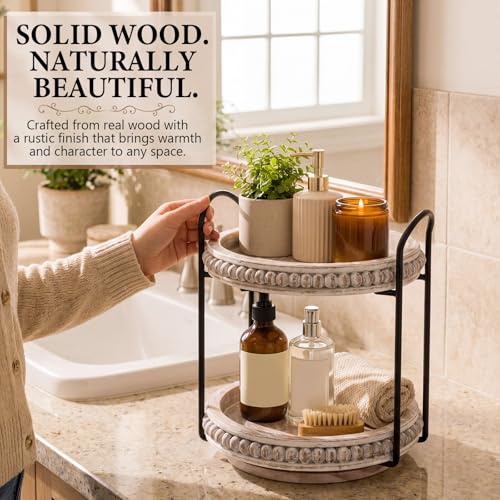 Qunclay 360 Rotating 2 Tier Wooden Tray Organizer Rustic Farmhouse Vanity Storage Large Capacity Round Organizer with Iron Frame for Cosmetics Perfume Skincare Kitchen Counter Bathroom Coffee Station