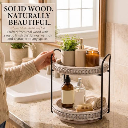 Qunclay 360 Rotating 2 Tier Wooden Tray Organizer Rustic Farmhouse Vanity Storage Large Capacity Round Organizer with Iron Frame for Cosmetics Perfume Skincare Kitchen Counter Bathroom Coffee Station