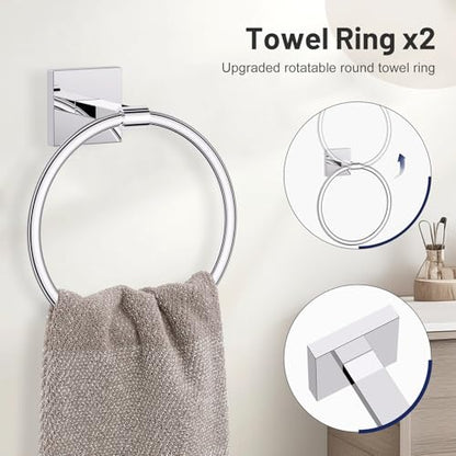 Lairuier 10-Piece Polished Chrome Bathroom Accessories, Towel Bar Set | Bathroom Hardware Set Includes SUS304 23.6" Towel Bar, Towel Ring, Toilet Paper Holder and Towel Hooks Wall Mounted - color: Polished Chrome, size: 10 Pieces - Extended