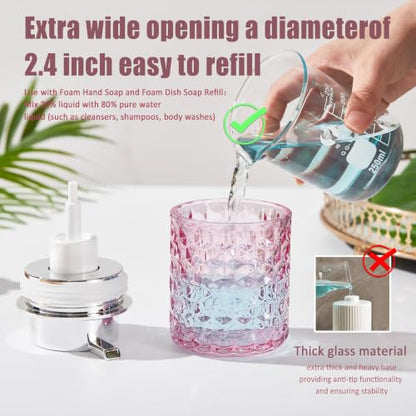 Malachi Foaming Hand Soap Dispenser, Refillable Clear Glass Foam Pump Bottle for Hand Soap, Dish Soap, Body Wash, Shampoo, Facial Cleanser & Baby Wash, Multi‑use for Bathroom, Kitchen & Commercial Use - color: Pink