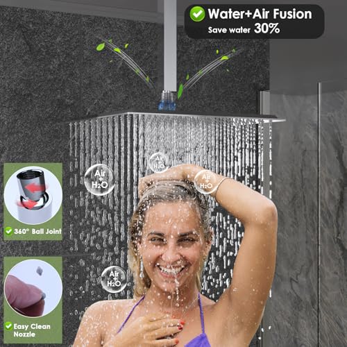 Enga Dual Shower Head Shower System with Body Jets, 12" Ceiling Mounted Rain Shower Head & 6" Wall Mounted Head Full Body Rainfall Shower Faucet with Valve Kit, Chrome - color: Chrome, style: Ceiling-12"+6"+Jets