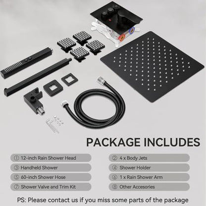 STARBATH Shower System with 4 Body Jets, 12" Wall Mounted Rain Shower System with Handheld Spray, Can Use All at Once, Push Button Complete Shower Faucets Sets with Valve and Trim Kit,Matte Black - color: Matte Black, size: 12"-04