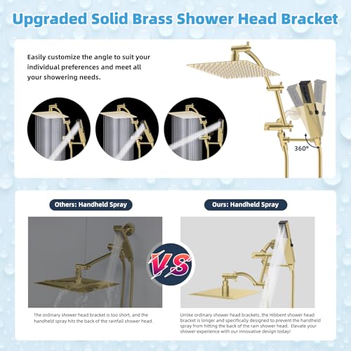 Hibbent All Metal CUPC Certified 10'' Rain Shower Head, Dual Shower Head Combo, High Pressure Handheld 4 Sprays Shower Wand, 16'' Adjustable Extension Arm, 71'' Hose, Shower Holder, Brushed Gold - color: Brushed Gold, style: Square 10''